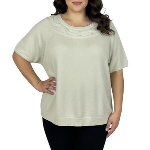 Lands' End Lambswool Short Sleeve Metallic Ribbed Knit Sweater 3X Cream NWOT